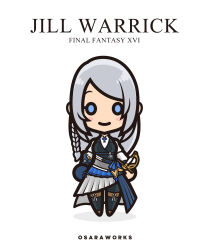 Rule 34 | 1girl, absurdres, blue eyes, blue vest, blush stickers, braid, chibi, closed mouth, dress, final fantasy, final fantasy xvi, full body, gloves, grey hair, hair over shoulder, highres, jill warrick, long braid, long hair, looking at viewer, neck ribbon, ribbon, sarah reon, side braid, simple background, single braid, skirt, smile, solo, standing, sword, vest, weapon, white background