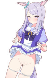 Rule 34 | 1girl, absurdres, bar censor, breasts, censored, cleft of venus, clothes lift, highres, horse girl, lifted by self, looking at viewer, louche, mejiro mcqueen (umamusume), open mouth, panties, purple eyes, purple hair, pussy, ribbon, school uniform, simple background, skirt, skirt lift, small breasts, solo, sweat, tracen school uniform, umamusume, underwear, white background