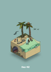 Rule 34 | absurdres, animal, basket, beach, blue background, bug, commentary request, diorama, fish, gozz, hermit crab, highres, holding, holding basket, in tree, isometric, monkey, original, palm tree, standing, standing on liquid, tree