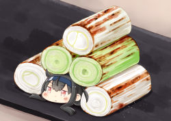 Rule 34 | 1girl, black hair, blush, chibi, closed mouth, commentary request, food, food focus, food on body, hatsushimo (kancolle), headband, hinata yuu, kantai collection, long hair, lying, on stomach, plate, red eyes, sidelocks, simple background, solo, spring onion