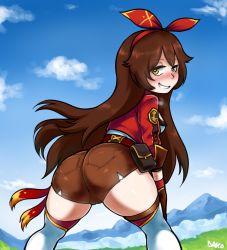 Rule 34 | 1girl, amber (genshin impact), ass, blush, boots, brown eyes, brown hair, cameltoe, cleft of venus, come hither, dako (dakosito), from behind, genshin impact, grin, hair ribbon, hairband, highres, huge ass, leaning, leaning forward, long hair, looking at viewer, looking back, ribbon, shiny clothes, shiny skin, short shorts, shorts, smile, solo, thigh boots, thighhighs, very long hair