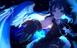 Rule 34 | 10s, 1girl, bad id, bad pixiv id, bead bracelet, bead necklace, beads, black background, blue eyes, blue theme, blurry, bracelet, closed mouth, depth of field, feathered wings, feathers, floating hair, fur trim, gloves, hamada (super tachioyogi kyousou), idolmaster, idolmaster million live!, jewelry, long hair, looking at viewer, mogami shizuka, necklace, outstretched arms, palms, reaching, sketch, sleeveless, solo, spread arms, upper body, wings