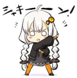 Rule 34 | 1girl, :d, ahoge, bad id, bad pixiv id, black footwear, black jacket, blush stickers, braid, chibi, dress, engiyoshi, full body, grey dress, hair ornament, jacket, kizuna akari, long hair, long sleeves, looking at viewer, low twintails, o o, open clothes, open jacket, open mouth, orange pantyhose, outstretched arm, pantyhose, puffy long sleeves, puffy sleeves, shadow, smile, solo, standing, striped clothes, striped pantyhose, translation request, twin braids, twintails, v-shaped eyebrows, vertical-striped clothes, vertical-striped pantyhose, very long hair, voiceroid, white background, white hair