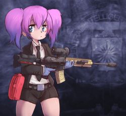 Rule 34 | 1girl, blue eyes, blue gloves, formal, gloves, gradient hair, gun, kawaii mask (payday), latex, latex gloves, multicolored hair, necktie, payday (series), payday 2, pink hair, rifle, shirt, short hair, shorts, sigishi, suit, thighs, twintails, weapon