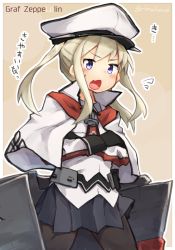 Rule 34 | 10s, 1girl, aged down, bad id, bad twitter id, black pantyhose, blonde hair, blue eyes, capelet, gloves, graf zeppelin (kancolle), hat, kantai collection, long hair, miniskirt, necktie, pantyhose, peaked cap, rimukoro, sidelocks, skirt, solo, text focus, twintails, uniform