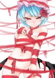 Rule 34 | 1girl, bat wings, blue hair, blush, convenient censoring, embarrassed, flat chest, gluteal fold, hat, hat ribbon, highres, looking at viewer, mob cap, naked ribbon, navel, nipples, nose blush, omizu chihiro, pointy ears, red eyes, red ribbon, remilia scarlet, ribbon, short hair, simple background, solo, standing, sweat, sweatdrop, touhou, white background, wings