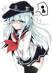 Rule 34 | 10s, 1girl, ai takurou, anchor symbol, blush, collarbone, covering crotch, covering privates, cowboy shot, eyebrows, flat cap, flying sweatdrops, greyscale, hair between eyes, hat, have to pee, hibiki (kancolle), kantai collection, lip biting, long hair, long sleeves, monochrome, motion lines, neckerchief, nose blush, pleated skirt, sidelocks, simple background, sketch, skirt, solo, speech bubble, standing, tears, thighhighs, trembling, white background, zettai ryouiki