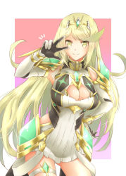 Rule 34 | 1girl, bad id, bad pixiv id, bare legs, bare shoulders, blonde hair, breasts, chest jewel, cleavage, cleavage cutout, clothing cutout, dress, earrings, elbow gloves, gloves, highres, jewelry, large breasts, long hair, mythra (xenoblade), shiroxai, short dress, swept bangs, thigh strap, tiara, very long hair, white dress, white gloves, xenoblade chronicles (series), xenoblade chronicles 2, yellow eyes