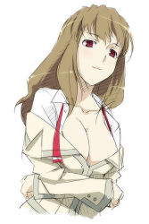 Rule 34 | 00s, 1girl, breast hold, breasts, brown hair, cleavage, collarbone, crossed arms, face, fujino shizuru, kyo (kuroichigo), large breasts, long hair, my-hime, red eyes, simple background, sketch, solo, undressing, white background