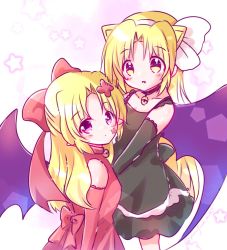 Rule 34 | 2girls, animal ears, back bow, bell, black bow, black dress, black gloves, blonde hair, bow, cat ears, collar, commentary request, demon wings, dress, elbow gloves, elis (touhou), facial mark, flower, gloves, hair bow, hair flower, hair ornament, hair ribbon, jingle bell, kurumi (touhou), long hair, multiple girls, parted bangs, purple eyes, red bow, red dress, red gloves, ribbon, star (symbol), touhou, touhou (pc-98), white ribbon, wings, yellow eyes, yurufuwa milk