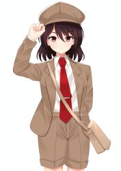 Rule 34 | 1girl, absurdres, bag, brown hair, brown hat, brown jacket, brown shorts, cabbie hat, cipher (user watm8555), closed mouth, collared shirt, cowboy shot, forbidden scrollery, hand on headwear, hand up, hat, highres, jacket, long sleeves, looking at viewer, medium hair, necktie, open clothes, open jacket, red eyes, red necktie, shameimaru aya, shameimaru aya (newsboy), shirt, shirt tucked in, shorts, shoulder bag, simple background, solo, standing, tie clip, touhou, white background, white shirt