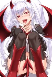 Rule 34 | 1girl, :d, ahoge, akitsuki karasu, ass, black shirt, black thighhighs, blush, boots, bow, bowtie, breasts, cleavage, clothes lift, collarbone, demon girl, demon horns, demon tail, demon wings, evo grim, grim aloe, hair between eyes, head tilt, heart, heart-shaped pupils, highres, horns, licking, licking finger, lifted by self, long hair, long sleeves, looking at viewer, miniskirt, no panties, open mouth, pleated skirt, quiz magic academy, quiz magic academy the world evolve, red bow, red bowtie, red eyes, red footwear, round teeth, sailor collar, shadow, shirt, sidelocks, simple background, sitting, skirt, skirt lift, sleeves past wrists, smile, solo, symbol-shaped pupils, tail, tail censor, teeth, thighhighs, tongue, tongue out, twintails, upper teeth only, white background, white hair, white skirt, wings