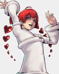 Rule 34 | 1girl, ahoge, android, arms up, blue eyes, bright pupils, hair intakes, hands up, heart, highres, hood, hood down, hoodie, long sleeves, open mouth, persona, persona 5, persona 5 scramble: the phantom strikers, red hair, signature, simple background, solo focus, sophia (p5s), teeth, tonicabart, twintails, v arms, white background, white hoodie, white pupils, wide sleeves
