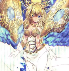 Rule 34 | 1girl, blonde hair, blue eyes, blue wings, breasts, cowboy shot, duel monster, feathered wings, hair over one eye, highres, horns, humanization, jewelry, long hair, medium breasts, necklace, pelvic curtain, saffira queen of dragons, smile, solo, usuba kagerou, vambraces, wings, yu-gi-oh!