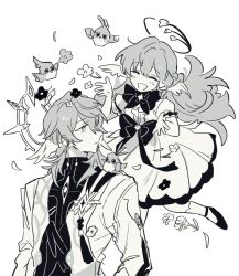 Rule 34 | 1boy, 1girl, bow, bowtie, brooch, brother and sister, closed eyes, coat, dress, greyscale, halo, happy, head wings, highres, honkai: star rail, honkai (series), jewelry, long hair, long sleeves, medium hair, monochrome, open mouth, origami bird (honkai: star rail), puffy short sleeves, puffy sleeves, robin (honkai: star rail), shoes, short sleeves, siblings, sidelocks, simple background, smile, socks, spiked halo, sunday (honkai: star rail), susuasa111, tassel, very long hair, vest, wings