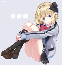 Rule 34 | ..., 1girl, :p, absurdres, black bow, black skirt, black socks, blonde hair, blue eyes, blush, bow, cardigan, closed mouth, crossed legs, grey background, hair bow, highres, hugging own legs, jacket, jimmy madomagi, kneehighs, loafers, looking at viewer, open clothes, open jacket, original, pleated skirt, red bow, school uniform, shoes, short hair, sidelocks, simple background, skirt, sleeves past wrists, smile, socks, solo, thighs, tongue, tongue out, track jacket