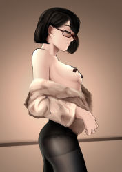Rule 34 | 1girl, absurdres, bare shoulders, black hair, black pantyhose, bob cut, breasts, closed eyes, closed mouth, coat, commentary request, cross pasties, earrings, from side, fur coat, glasses, heart, heart earrings, highres, jewelry, kitami eri, no bra, off shoulder, original, panties, panties under pantyhose, pantyhose, pasties, profile, pupi (rain prophet), real life, red-framed eyewear, ring, short hair, small breasts, smile, solo, standing, tape, tape on nipples, underwear