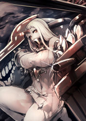 Rule 34 | 10s, 1girl, abyssal ship, breasts, cannon, colored skin, dress, genyaky, highres, horns, kantai collection, large breasts, long hair, looking at viewer, orange eyes, ribbed dress, ribbed sweater, seaport princess, short dress, single horn, sketch, solo, sweater, sweater dress, thighs, white hair, white skin