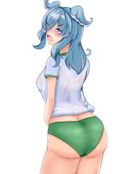 Rule 34 | 1girl, absurdres, ass, blue hair, blue wings, blush, breasts, buruma, butt crack, cobalnite, elira pendora, embarrassed, fangs, from behind, green buruma, gym shirt, gym uniform, hair ornament, hair over one eye, head wings, highres, looking at viewer, looking back, medium breasts, medium hair, multicolored hair, nijisanji, nijisanji en, one eye covered, open mouth, see-through, see-through shirt, shirt, short sleeves, simple background, solo, standing, virtual youtuber, wet, wet clothes, wet shirt, white background, white hair, white shirt, wings
