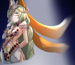 Rule 34 | 1girl, bandaged arm, bandages, bare shoulders, blue theme, braid, braided ponytail, breasts, closed mouth, cream bread, egyptian clothes, green eyes, green hair, honkai (series), honkai impact 3rd, long hair, looking at viewer, medium breasts, mobius (honkai impact), mobius (scorching gravel) (honkai impact), see-through, small breasts, smile, solo, spotlight, veil, very long hair