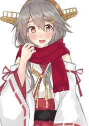 Rule 34 | 1girl, :d, absurdres, blush, brown eyes, detached sleeves, dokuganryuu, grey hair, hair between eyes, hair ornament, hairclip, haruna (kancolle), headgear, highres, kantai collection, long hair, looking at viewer, nontraditional miko, one-hour drawing challenge, open mouth, red scarf, red skirt, scarf, simple background, skirt, smile, solo, upper body, white background