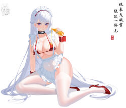 Rule 34 | absurdres, azur lane, belfast (azur lane), belfast (blissful service) (azur lane), bra, breasts, chinese commentary, closed mouth, collar, dress, high heels, highres, holding juice box, large breasts, light smile, long hair, looking at viewer, maid headdress, nanqizizhou, official alternate costume, purple eyes, red bra, short dress, simple background, sitting, thighhighs, thighs, underwear, very long hair, white background, white hair, white thighhighs