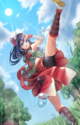 Rule 34 | 1girl, armpits, bad id, bad pixiv id, bandaged arm, bandages, bike shorts, black hair, black shorts, blue eyes, blue sky, blush, breasts, clenched hand, cloud, commentary request, day, dew drop, fingerless gloves, full body, gloves, grass, green shirt, hair between eyes, hat, kicking, long hair, looking to the side, medium breasts, midriff peek, navel, open mouth, outdoors, ragnarok online, red gloves, red skirt, rifu skr, shin guards, shirt, shorts, signature, skirt, sky, sleeveless, sleeveless shirt, solo, standing, sun, taekwon (ragnarok online), tree, water, water drop, white footwear, white hat