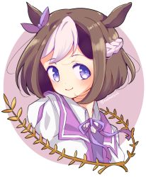 Rule 34 | 1girl, animal ears, bow, brown hair, closed mouth, collared shirt, commentary, cropped torso, ear ribbon, hachimaki, headband, highres, horse ears, horse girl, jacket, looking at viewer, multicolored hair, namatyoco, neck ribbon, portrait, purple eyes, purple ribbon, purple sailor collar, ribbon, sailor collar, shirt, short hair, smile, solo, special week (umamusume), twitter username, two-tone hair, umamusume, white hair, white headband, white jacket, white shirt, wing collar