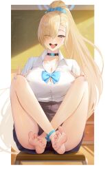 Rule 34 | 1girl, absurdres, asuna (blue archive), barefoot, black choker, black skirt, blue archive, blue eyes, blush, breasts, choker, cleavage, collared shirt, eyes visible through hair, feet, highres, large breasts, light brown hair, long hair, looking at viewer, lumen re, one eye closed, open mouth, pleated skirt, shirt, skirt, smile, soles, solo, toes, tongue, tongue out, white shirt