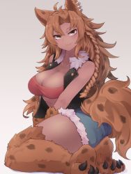 Rule 34 | 1girl, animal ears, bare arms, bare shoulders, blush, body fur, breasts, brown eyes, cleavage, closed mouth, commission, dark-skinned female, dark skin, ear piercing, fur trim, highres, hyena ears, hyena girl, hyena tail, large breasts, light blush, long hair, looking at viewer, orange hair, original, piercing, seiza, shorts, sitting, skeb commission, smile, smug, solo, spotted fur, spotted hair, tail, yonaga san