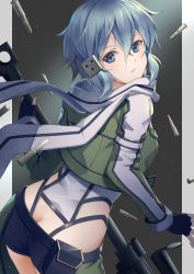 Rule 34 | 1girl, anti-materiel rifle, ass, black gloves, black shorts, blue eyes, blue hair, bolt action, bullet, butt crack, closed mouth, commentary request, cropped jacket, fingerless gloves, gloves, green jacket, gun, hair between eyes, hair ornament, highres, holding, holding gun, holding weapon, jacket, long sleeves, looking at viewer, looking back, open clothes, open jacket, pgm hecate ii, rifle, scarf, short shorts, shorts, sinon, sniper rifle, solo, sword art online, weapon, white scarf, yoshino ryou