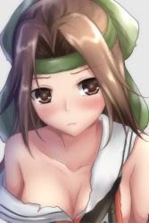 Rule 34 | 1girl, bare shoulders, blush, bow, breasts, brown eyes, brown hair, cleavage, closed mouth, collarbone, frown, green bow, grey background, hair bow, headband, jintsuu (kancolle), jintsuu kai ni (kancolle), kantai collection, long hair, looking at viewer, medium breasts, off shoulder, simple background, sleeveless, solo, tapisuke, torn clothes, upper body