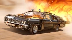 Rule 34 | chevrolet, chevrolet el camino, explosion, fast &amp; furious, fast x, fire, highres, motion blur, motor vehicle, no humans, pickup truck, shadow, the fast and the furious, truck, vehicle focus, zagin sisu