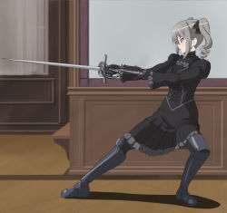Rule 34 | 1girl, armor, black dress, blush, boots, canadawbd, closed mouth, commentary, dagger, dress, dual wielding, fighting stance, from side, gauntlets, greaves, highres, holding, holding dagger, holding knife, holding sword, holding weapon, idolmaster, idolmaster cinderella girls, indoors, juliet sleeves, kanzaki ranko, knife, long sleeves, armored boots, profile, puffy sleeves, purple eyes, rapier, short hair, silver hair, smile, solo, soul calibur, standing, sword, twintails, weapon