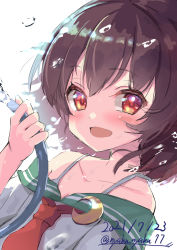 Rule 34 | 1girl, adapted costume, blush, brown hair, collarbone, crescent, crescent pin, dated, hair between eyes, highres, holding, holding hose, hose, kantai collection, mutsuki (kancolle), neckerchief, nyahu (nyahu 77), open mouth, red eyes, red neckerchief, short hair, smile, solo, twitter username, white background