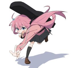 Rule 34 | 1girl, black socks, blue eyes, bocchi the rock!, brown footwear, commentary, cube hair ornament, foreshortening, full body, gotoh hitori, grey skirt, hair ornament, highres, instrument case, jacket, loafers, long hair, oekakiism, one side up, open mouth, pink hair, pink jacket, pleated skirt, shoes, simple background, skirt, socks, solo, track jacket, tripping, very long hair, white background