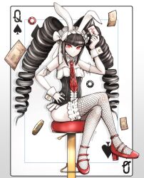 1girl alternate_costume animal_ears black_hair black_leotard black_nails bow card celestia_ludenberg closed_mouth collar commentary danganronpa:_trigger_happy_havoc danganronpa_(series) detached_collar drill_hair english_commentary eyelashes fishnet_thighhighs fishnets fukuzawa_yukichi full_body hand_on_own_hip high_heels highres holding holding_card joker_(playing_card) leotard money nail_polish necktie official_alternate_costume on_stool pale_skin playboy_bunny playing_card poker_chip queen_(playing_card) queen_of_spades_(playing_card) rabbit_ears rancorart red_eyes red_necktie red_shoes shoes sitting smile solo stool thighhighs white_bow white_collar white_wrist_cuffs wrist_cuffs