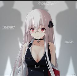 Rule 34 | 1girl, artist name, bare shoulders, belt, black-framed eyewear, black choker, black ribbon, blurry, blush, breasts, buttons, choker, cleavage, closed mouth, collarbone, cross, detached sleeves, english text, engrish text, girls&#039; frontline, glasses, grey background, hair between eyes, hair ribbon, highres, kar98k (girls&#039; frontline), keenh, letterboxed, long hair, looking at viewer, medium breasts, name tag, ranguage, red eyes, ribbon, semi-rimless eyewear, shadow, solo, tearing up, tears, upper body, white hair, wing collar