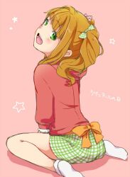Rule 34 | 1girl, ass, back bow, blonde hair, bow, commentary request, eyelashes, frilled sleeves, frills, from behind, green bow, green eyes, green skirt, hair bow, hair over shoulder, idolmaster, idolmaster (classic), jacket, light blush, long hair, long sleeves, looking at viewer, looking back, miniskirt, no shoes, open mouth, plaid, plaid bow, plaid skirt, puffy long sleeves, puffy sleeves, red background, red bow, red jacket, shadow, simple background, sitting, skirt, smile, socks, solo, star (symbol), takatsuki yayoi, teeth, twintails, twintails day, wariza, white socks, witoi (roa), yellow bow