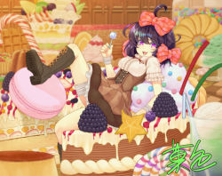 Rule 34 | 1girl, ahoge, black hair, boots, bow, brown dress, cake, candy, candy cane, commentary request, cross-laced footwear, dessert, dress, food, food request, frilled sleeves, frills, full body, hair bow, kashiki main, knee boots, lace-up boots, licorice (food), lollipop, looking at viewer, mini person, minigirl, open mouth, original, puffy short sleeves, puffy sleeves, purple eyes, shoe soles, short sleeves, sitting, smile, solo, tagme