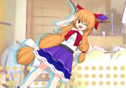Rule 34 | 1girl, :d, absurdres, belt, black belt, blue skirt, blurry, blurry background, bow, breasts, brown horns, buttons, commentary request, cookie (touhou), drop shadow, feet out of frame, hair between eyes, hair bow, highres, horns, ibuki suika, layered skirt, long bangs, long hair, looking at viewer, low-tied long hair, one eye closed, open mouth, orange hair, photo background, purple ribbon, purple skirt, red bow, red eyes, ribbon, ribbon-trimmed skirt, ribbon trim, shirt, skirt, sleeveless, sleeveless shirt, small breasts, smile, solo, touhou, traveler hxy, very long hair, white bow, white shirt, yamin (cookie)