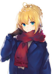 Rule 34 | 1girl, absurdres, ahoge, alternate costume, artoria pendragon (all), artoria pendragon (fate), black gloves, blonde hair, blue eyes, blue jacket, braid, closed mouth, commentary request, dress, fate/stay night, fate (series), gloves, green eyes, hair between eyes, hair ribbon, hand up, highres, jacket, jazztaki, long sleeves, looking at viewer, red scarf, ribbon, saber (fate), scarf, short hair, simple background, smile, solo, upper body, white background