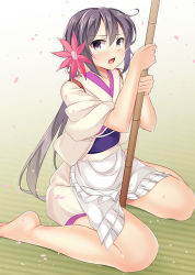 Rule 34 | 10s, 1girl, akebono (kancolle), apron, bad id, bad pixiv id, bamboo, bell, flower, hair bell, hair flower, hair ornament, japanese clothes, jingle bell, kankitsunabe (citrus), kantai collection, kimono, long hair, pole, purple eyes, purple hair, side ponytail, sitting, solo, wariza