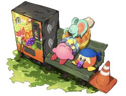 Rule 34 | animal ears, bandana, bandana waddle dee, bench, blue bandana, blush stickers, can, cns, colored skin, elfilin, hat, highres, holding, holding can, kirby, kirby (series), kirby and the forgotten land, mouse ears, nintendo, no humans, pink skin, polearm, sitting, sleep kirby, sleeping, solid oval eyes, spear, star (symbol), traffic cone, vending machine, weapon