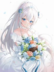 Rule 34 | 1girl, absurdres, blue eyes, blue flower, blue ribbon, blue rose, blurry, blurry background, blush, bouquet, bow, breasts, bridal veil, bride, character request, check character, choker, cleavage, cowboy shot, depth of field, dress, falling petals, flower, frilled dress, frills, gr greeze, green flower, green rose, hair bow, hair flower, hair ornament, highres, holding, holding bouquet, honkai (series), honkai impact 3rd, jewelry, kiana kaslana, kiana kaslana (herrscher of flamescion), long hair, medium breasts, necklace, off-shoulder dress, off shoulder, open mouth, petals, ponytail, red flower, red rose, ribbon, rose, simple background, smile, solo, standing, teeth, veil, wedding dress, white bow, white choker, white dress, white hair