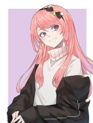 Rule 34 | 1boy, black jacket, closed mouth, commentary request, hairband, highres, holostars, jacket, long hair, looking to the side, male focus, pink hair, purple eyes, simple background, sleeves past wrists, smile, solo, sweater, trap, tsukishita kaoru, turtleneck, upper body, v, virtual youtuber, ziu