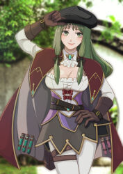 Rule 34 | 1girl, ascot, belt, biolo (ragnarok online), black belt, black hat, black skirt, blue brooch, blurry, blurry background, blush, bow, breasts, brown belt, brown cape, brown gloves, cabbie hat, cape, cleavage, closed mouth, commentary request, cowboy shot, gloves, gold trim, green eyes, green hair, hand on own hip, hat, highres, long hair, looking at viewer, love misery, medium bangs, medium breasts, miniskirt, pantyhose, pouch, ragnarok online, red bow, shirt, sidelocks, skirt, smile, solo, thigh pouch, tree, vial, white ascot, white pantyhose, white shirt, wrist belt