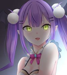 Rule 34 | 1girl, :d, absurdres, bare shoulders, blush, bow, bowtie, fang, frilled straps, frills, glowing, glowing eyes, green eyes, hair ornament, hairclip, head wings, highres, hololive, hololive idol uniform, idol, long hair, looking at viewer, multicolored hair, official alternate costume, open mouth, pink hair, pointy ears, pom pom (clothes), pom pom hair ornament, purple hair, sleeveless, smile, solo, streaked hair, tokoyami towa, twintails, upper body, virtual youtuber, wagahai karen, wings
