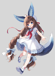 Rule 34 | 1girl, :d, ahoge, animal ear fluff, animal ears, beret, black footwear, blue eyes, blue sailor collar, bobby socks, bow, braid, brown hair, commentary request, commission, dress, frilled dress, frills, full body, grey background, hair bow, hair ornament, hat, long hair, low twintails, mauve, neckerchief, open mouth, original, pixiv commission, red neckerchief, sailor collar, sailor dress, shirt, shoe soles, shoes, short sleeves, simple background, smile, socks, solo, tail, twin braids, twintails, very long hair, white bow, white hat, white shirt, white socks, x hair ornament
