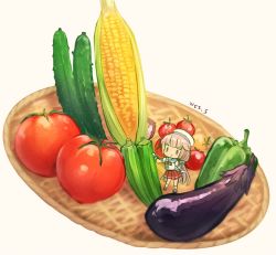Rule 34 | 1girl, beige background, bell pepper, blunt bangs, bokukawauso, chibi, corn, cucumber, eggplant, food, food focus, gloves, grey hair, hat, kantai collection, long hair, low twintails, mikura (kancolle), okra, pepper, pleated skirt, red skirt, sailor collar, school uniform, serafuku, signature, simple background, skirt, tomato, twintails, vegetable, very long hair, white gloves, white headwear, wss (nicoseiga19993411), yellow background